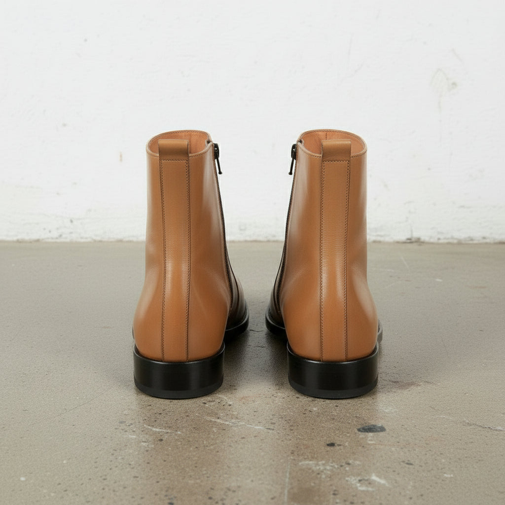 Men's Tan Plain-Toe Leather Ankle Boots