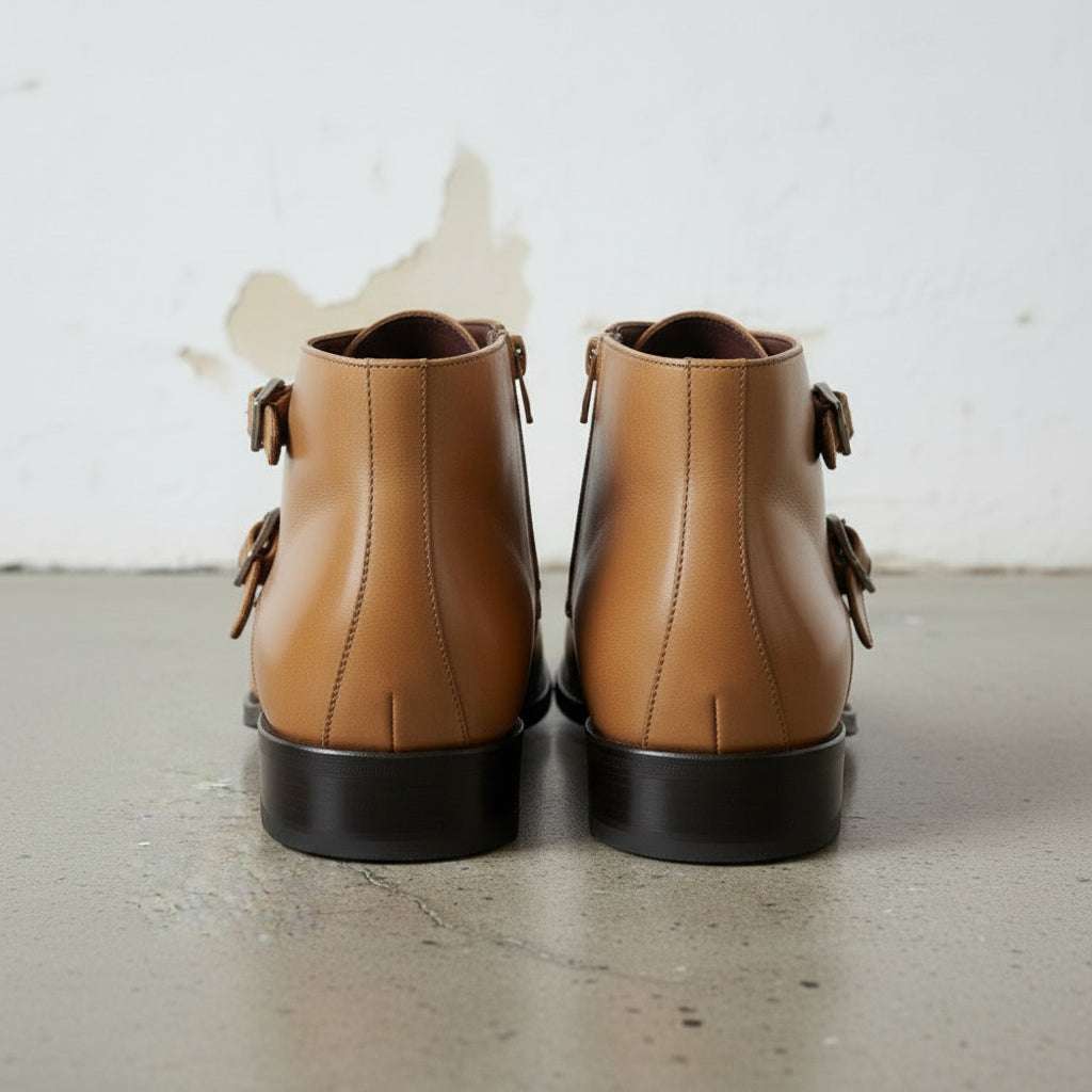 Men's Tan Plain-Toe Leather Double Monk Boots