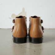 Men's Tan Plain-Toe Leather Double Monk Boots