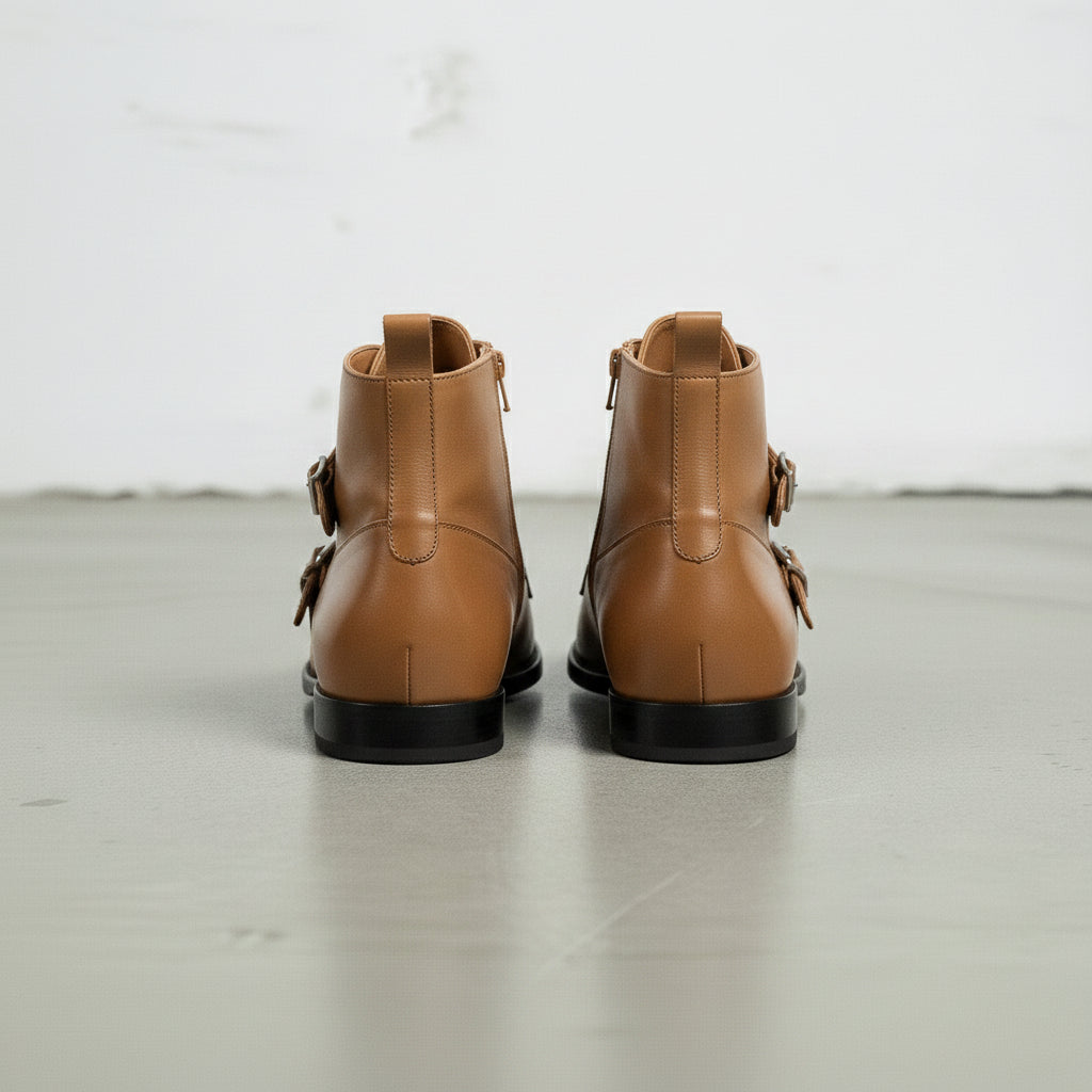 Men's Tan Leather Double Monk Ankle Boots