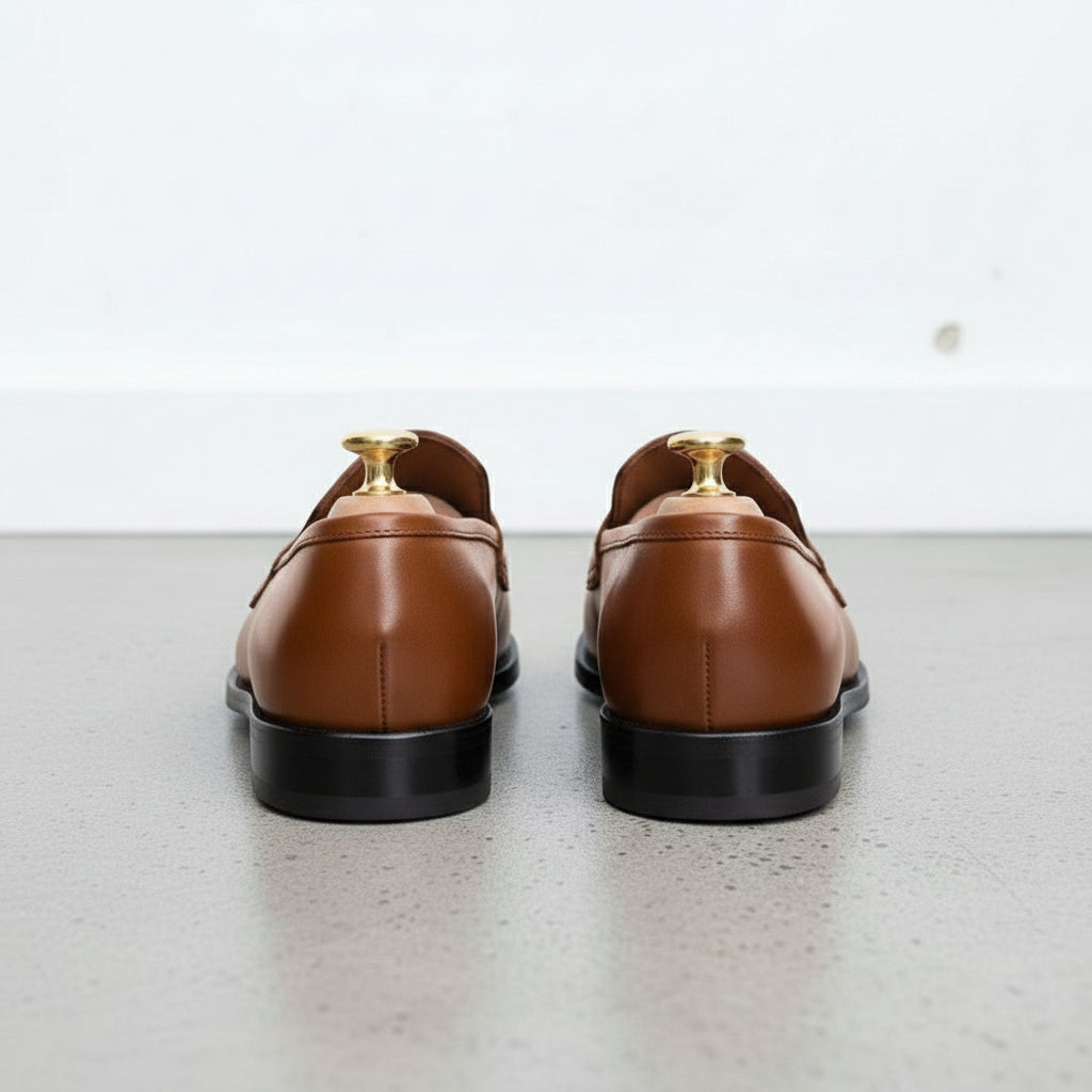 Men's Brown Apron-Toe Leather Penny Loafers