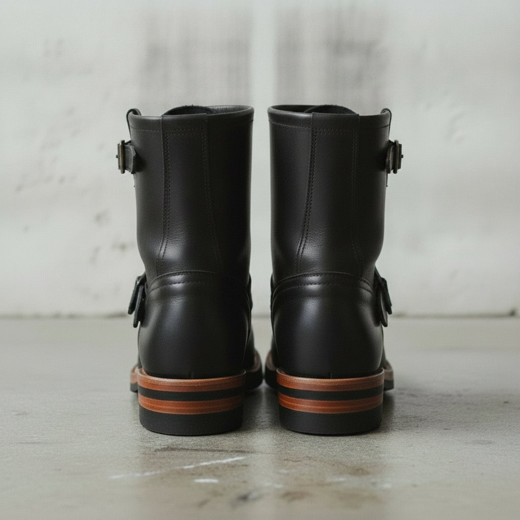 Men's Black Plain-Toe Leather Biker Boots