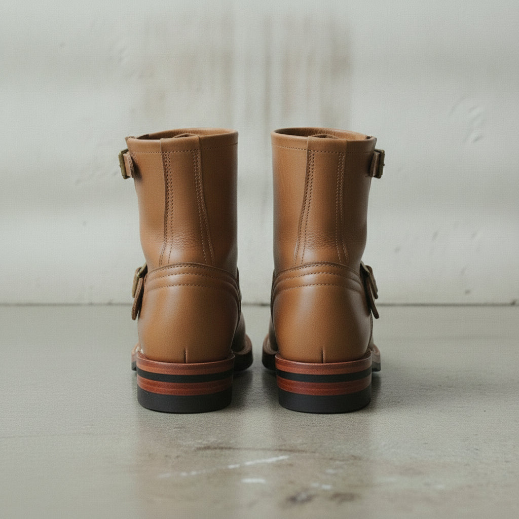 Men's Tan Plain-Toe Leather Biker Boots