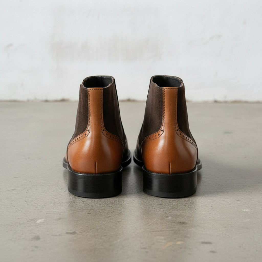 Men's Dark Brown and Brown Wingtip Leather and Suede Chelsea Boots — Crowhurst
