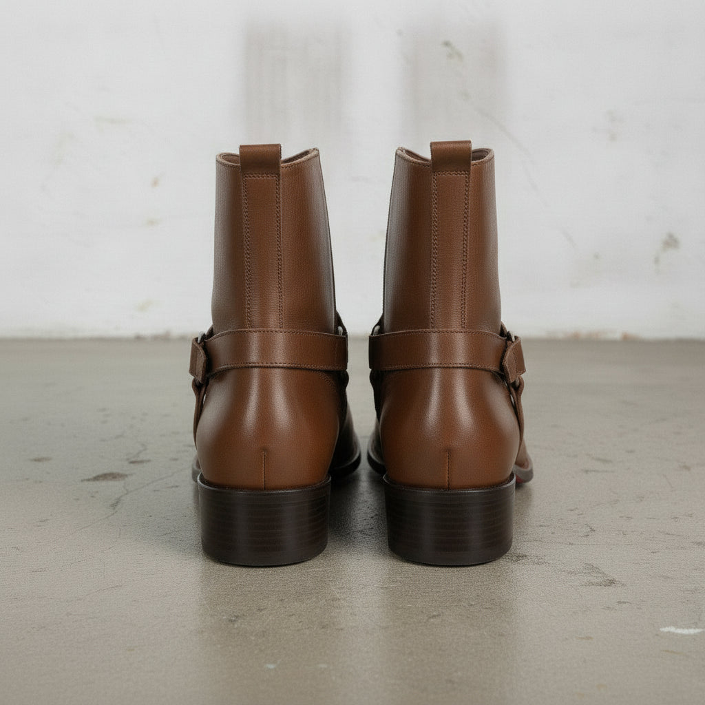 Men's Brown Plain-Toe Leather Ankle Biker Boots