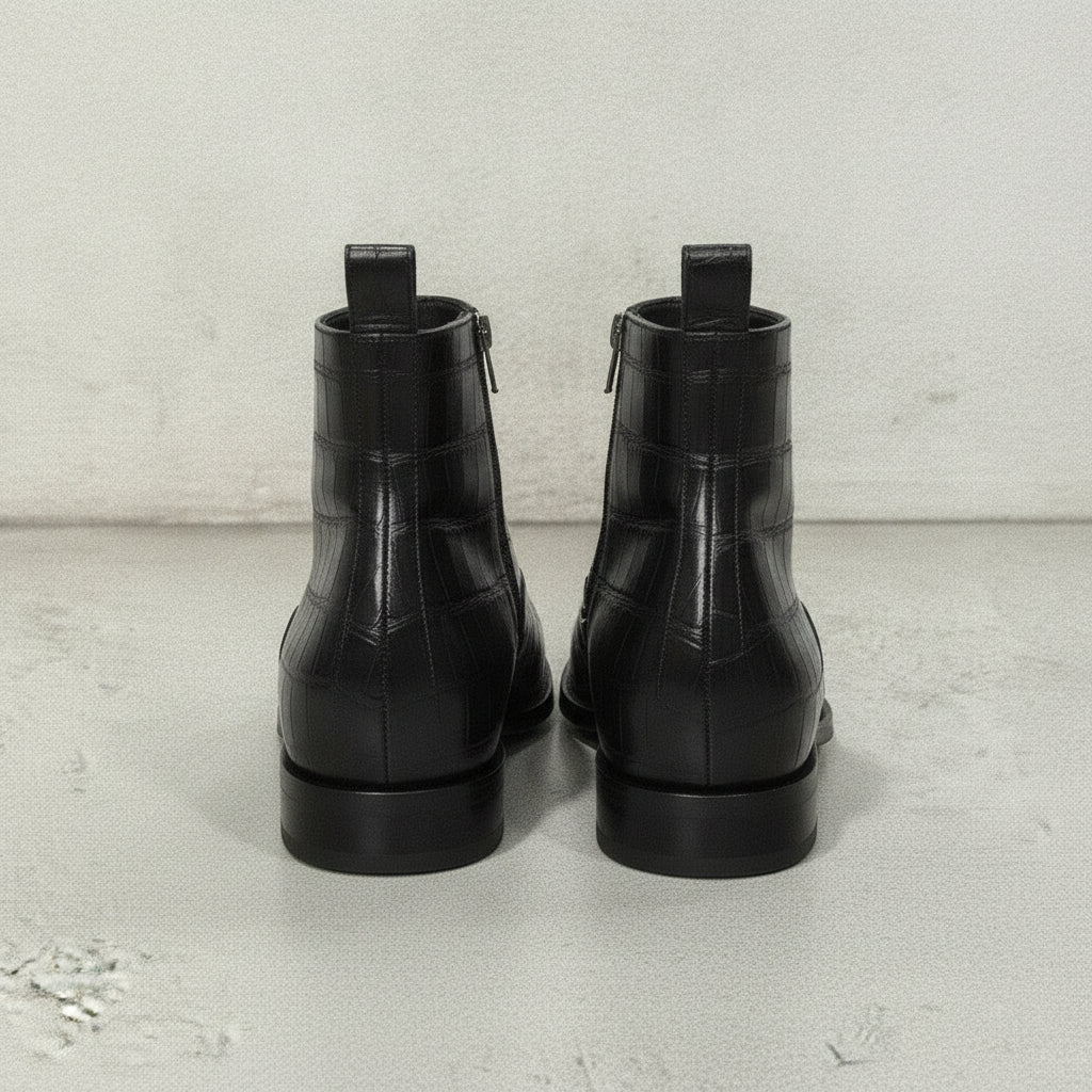 Men's Black Crocodile-Embossed Leather Ankle Boots