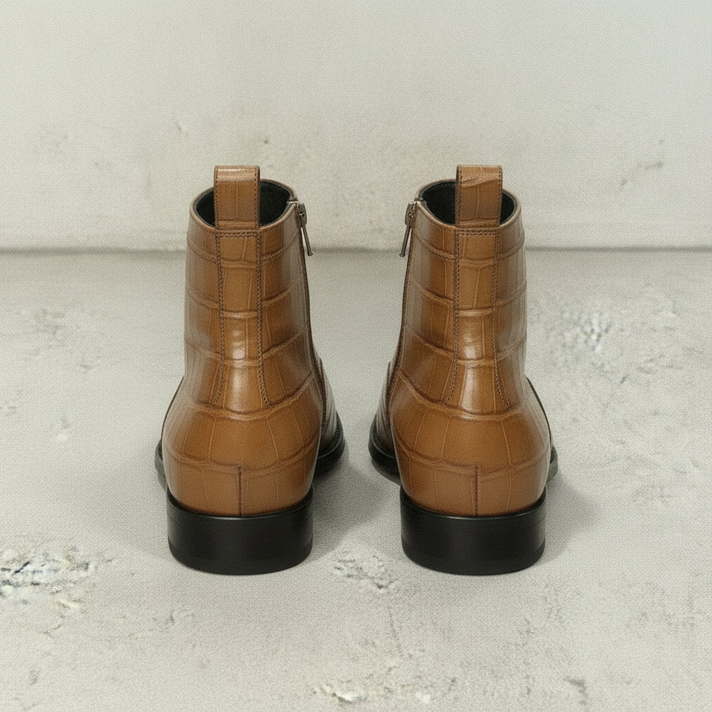Men's Tan Crocodile-Embossed Leather Ankle Boots
