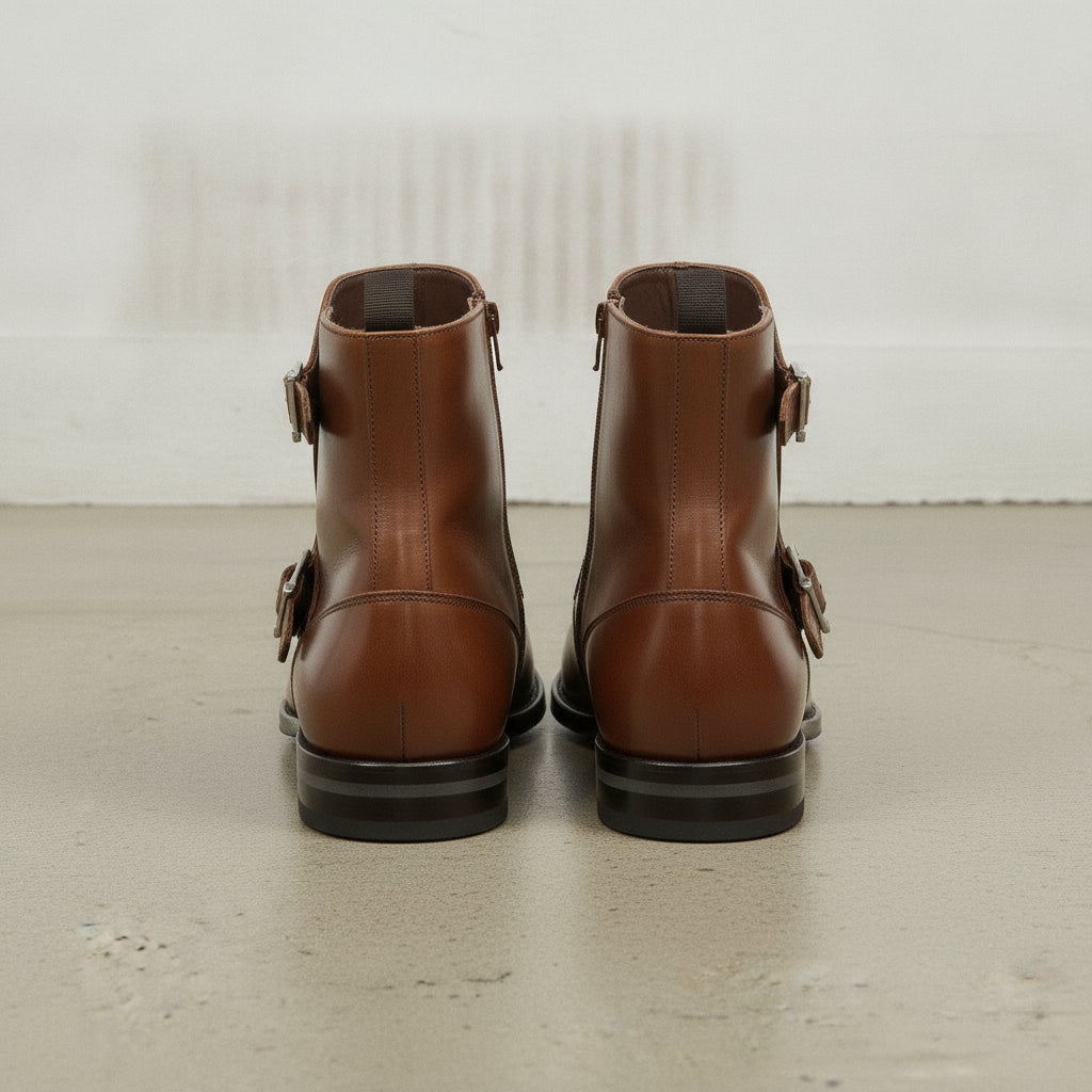 Men's Brown Plain-Toe Leather Monk Boots