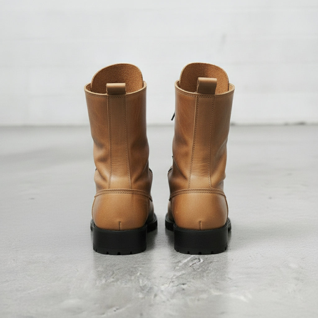 Men's Tan Plain-Toe Leather Combat Boots