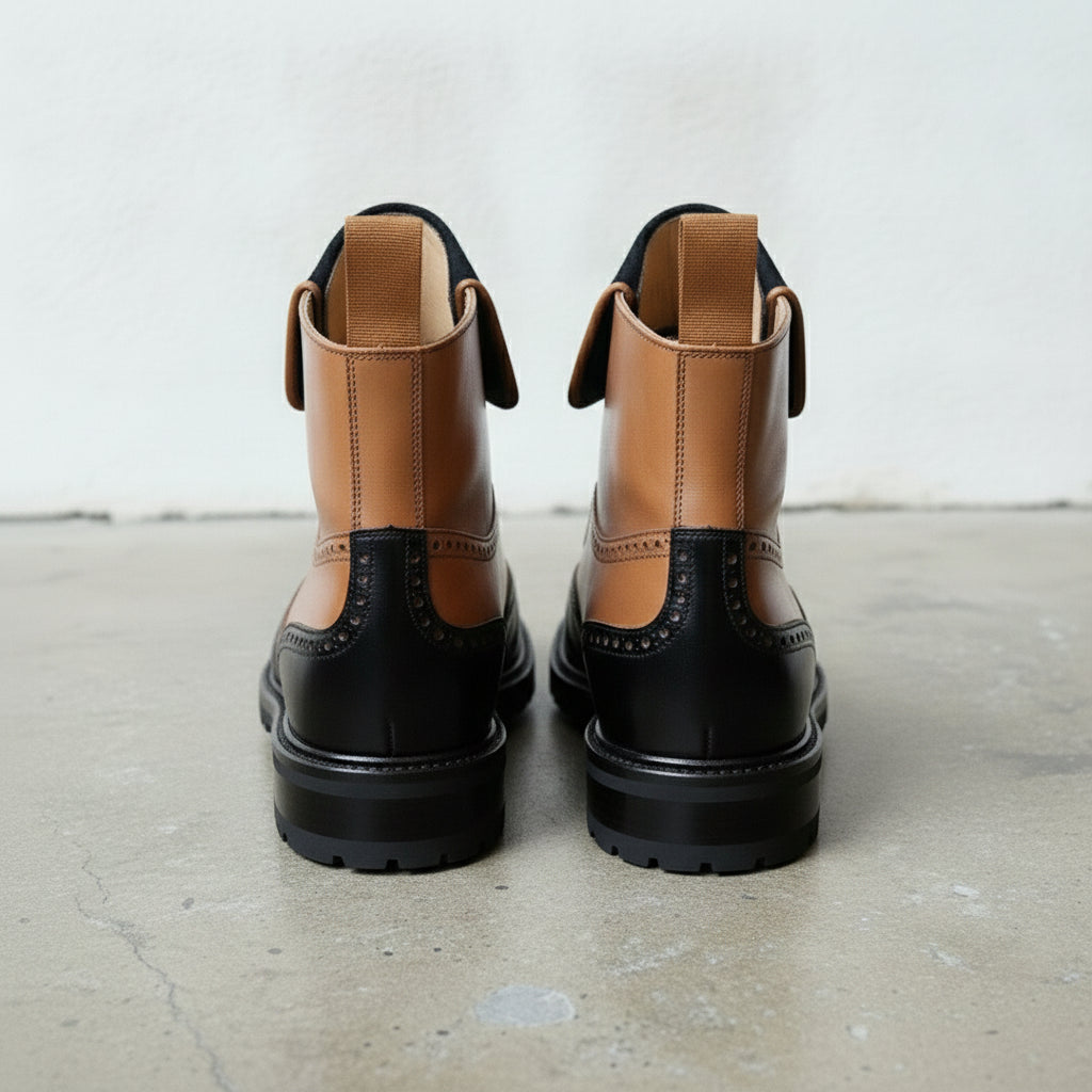 Men's Black and Tan Wingtip Leather Ankle Boots