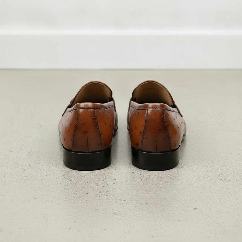Men's Brown Ostrich-Embossed Leather Bit Loafers