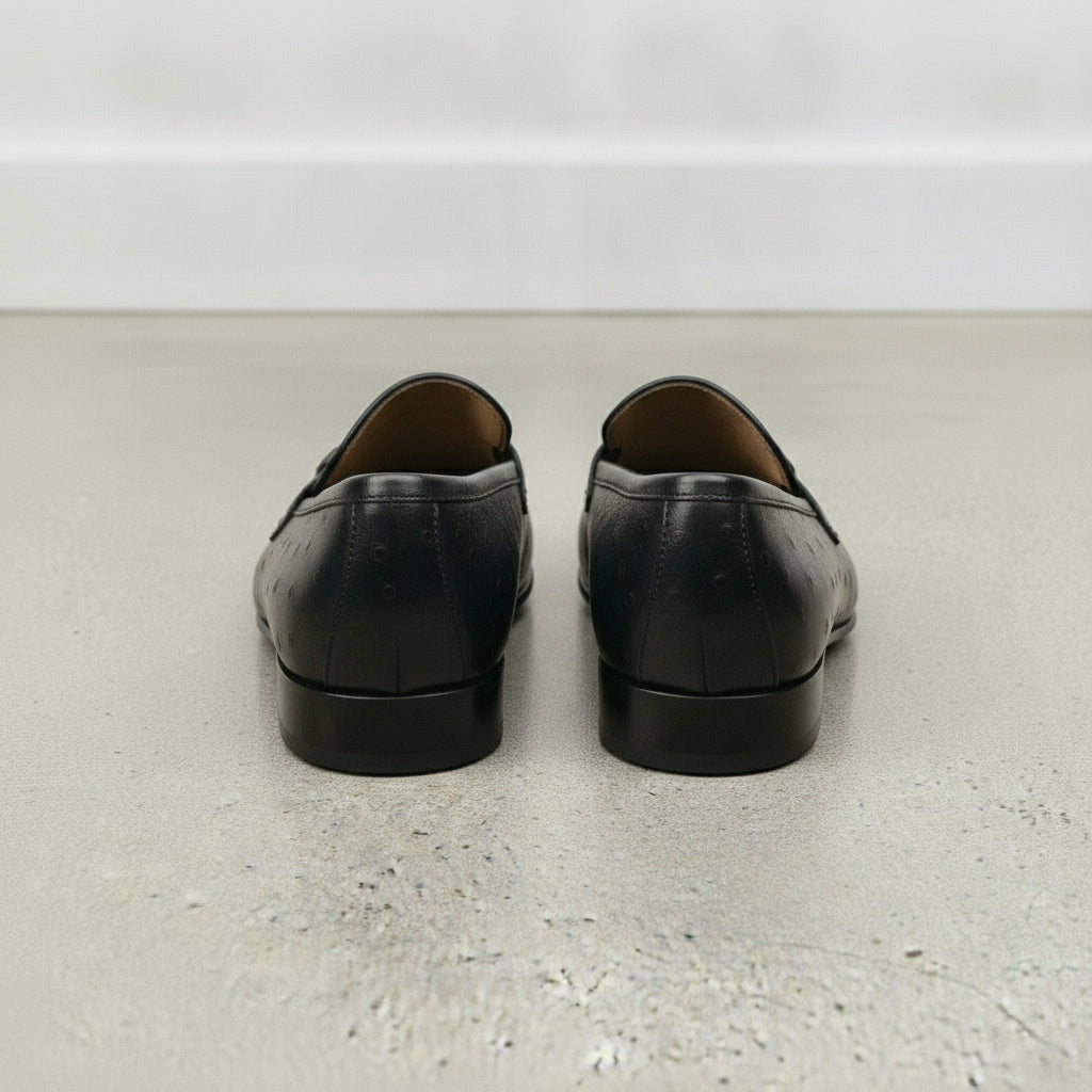 Men's Black Ostrich-Embossed Leather Bit Loafers