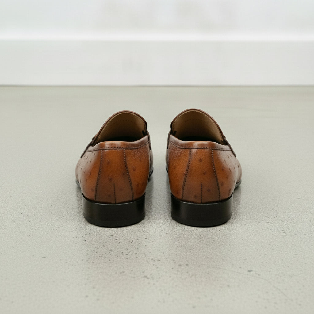Men's Tan Ostrich-Embossed Leather Bit Loafers