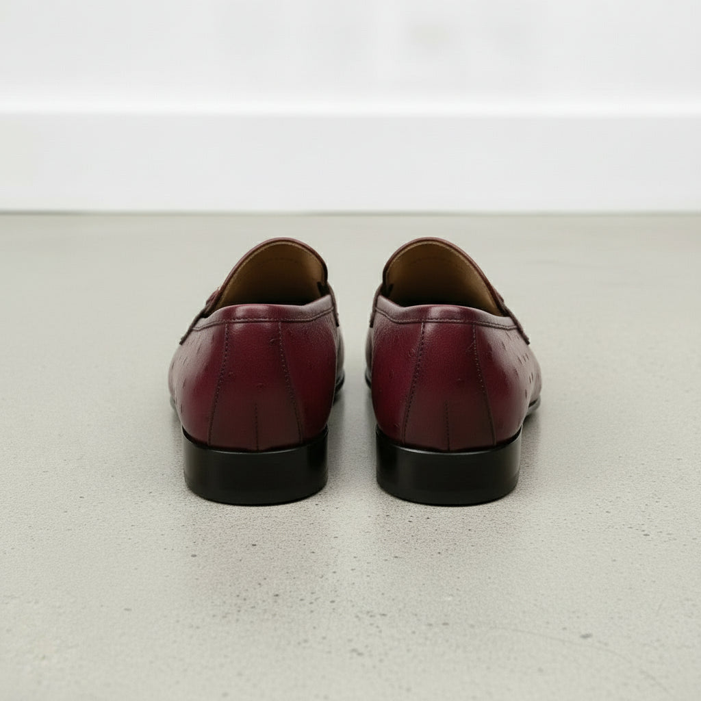 Men's Burgundy Ostrich-Embossed Leather Bit Loafers