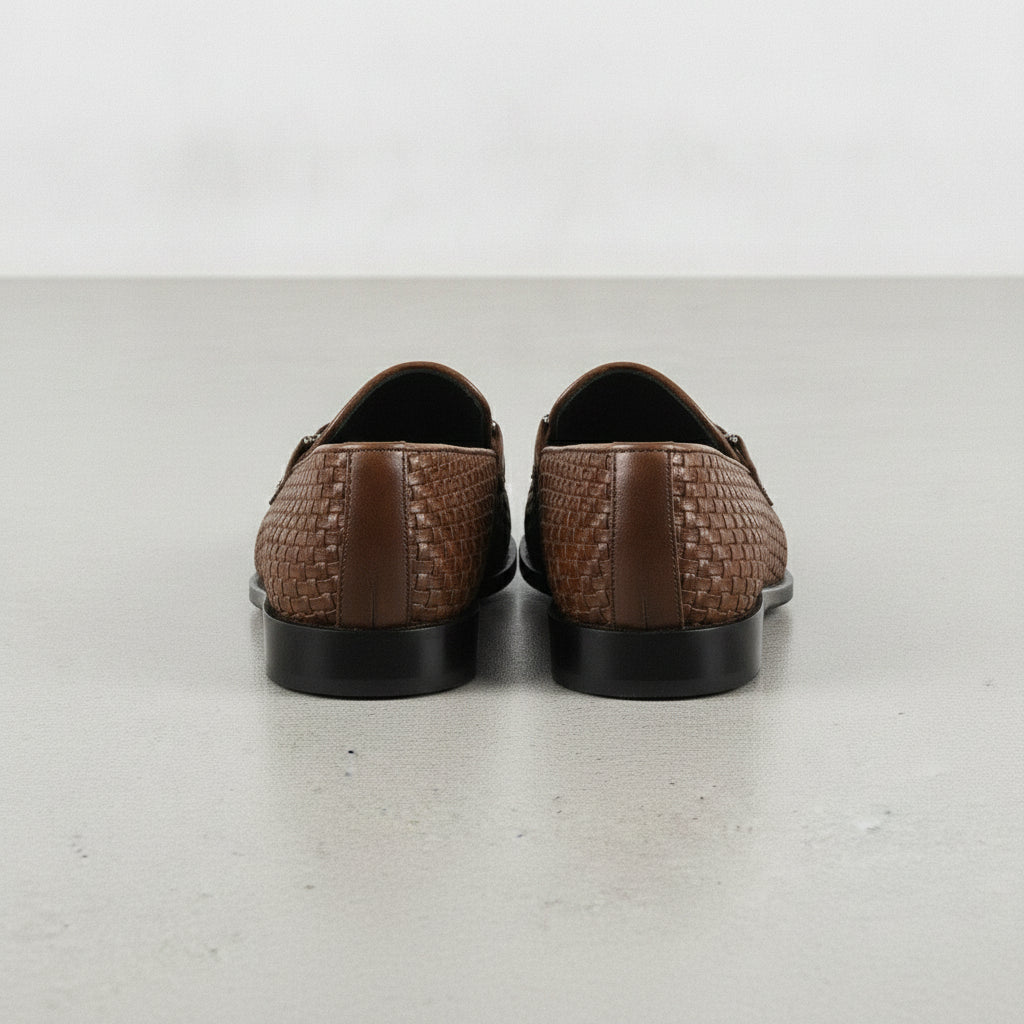 Men's Brown Woven Leather Bit Loafers