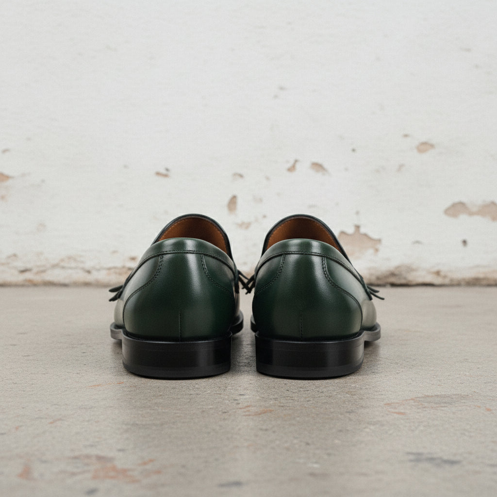 Men's Dark Green Apron-Toe Leather Bit Loafers