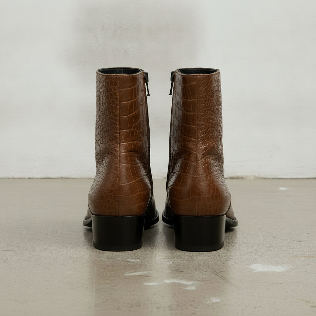 Men's Brown Crocodile-Embossed Leather Ankle Boots