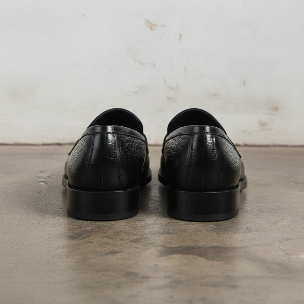 Men's Black Crocodile-Embossed Leather Bit Loafers — Easington
