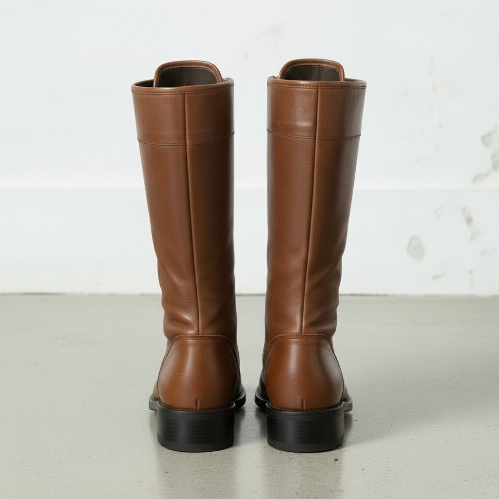 Men's Brown Cap-Toe Leather Knee-High Biker Boots