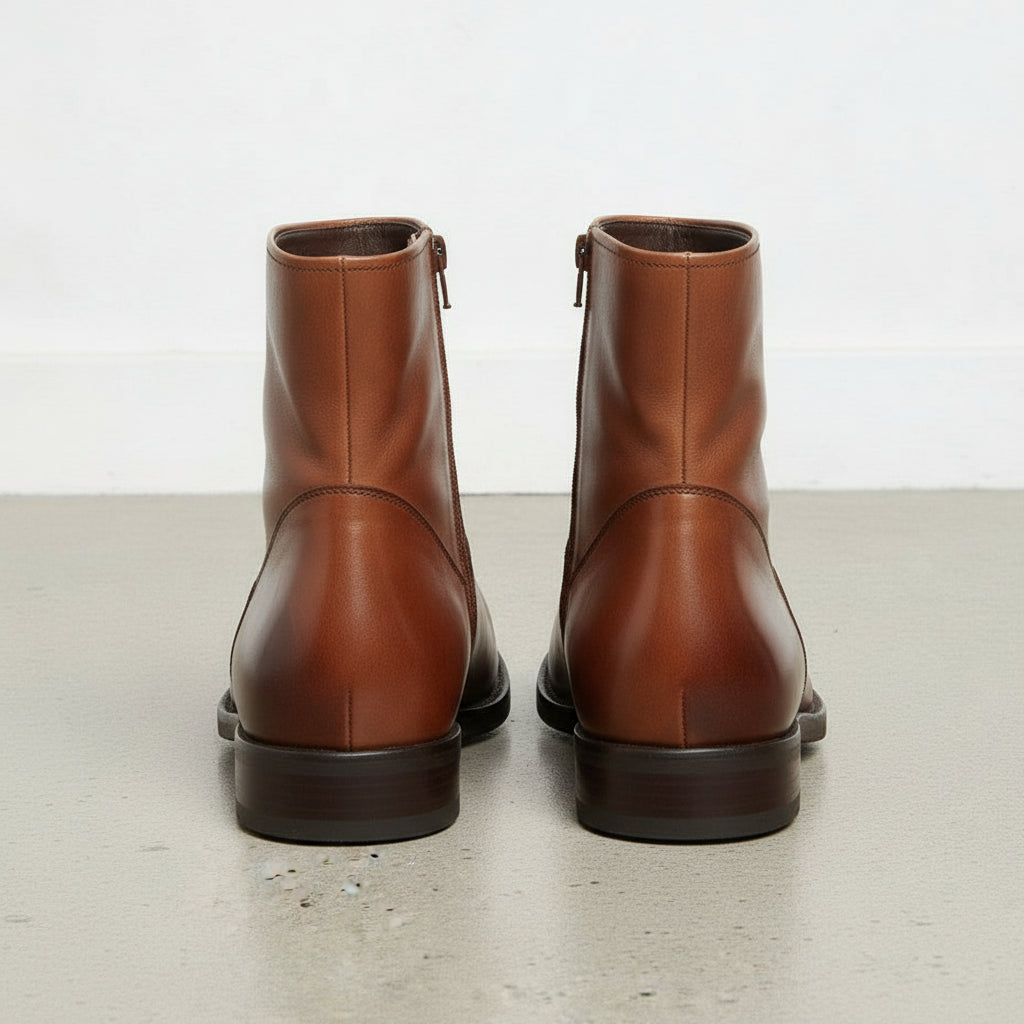 Men's Brown Plain-Toe Leather Ankle Biker Boots