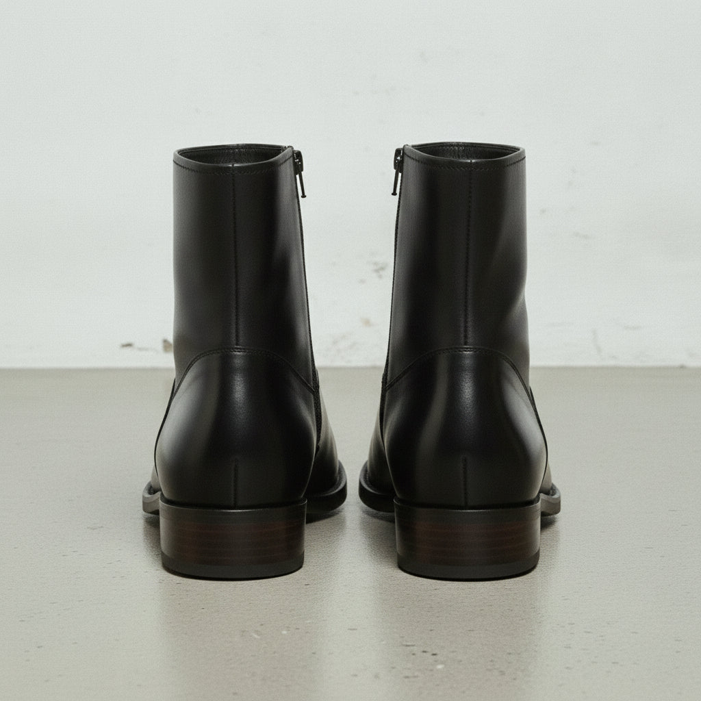 Men's Black Plain-Toe Leather Ankle Biker Boots