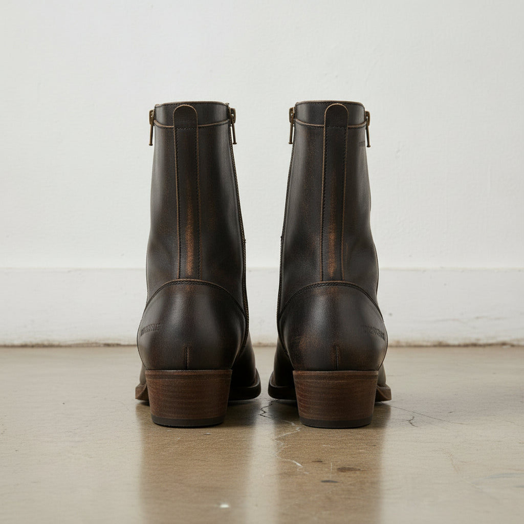 Men's Dark Brown Plain-Toe Leather Biker Boots — Nicolson — Nicolson