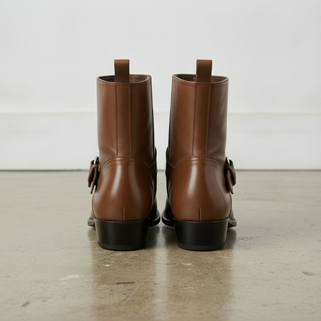 Men's Brown Plain-Toe Leather Biker Boots