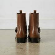 Men's Brown Plain-Toe Leather Biker Boots