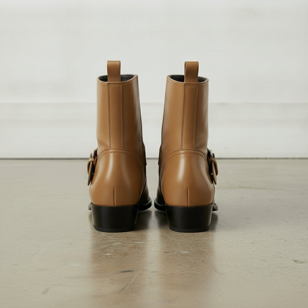 Men's Tan Plain-Toe Leather Biker Boots