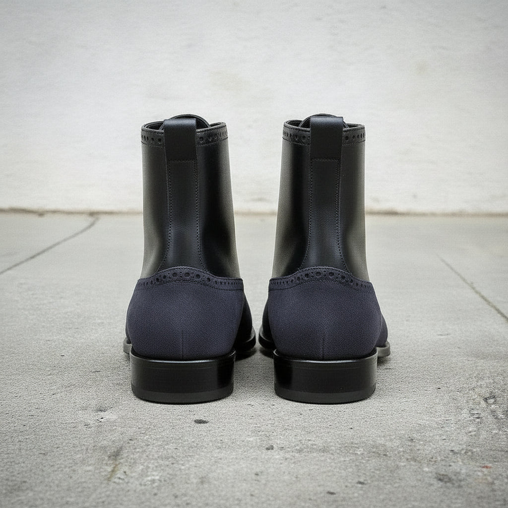 Men's Black and Dark Blue Cap-Toe Leather Ankle Boots