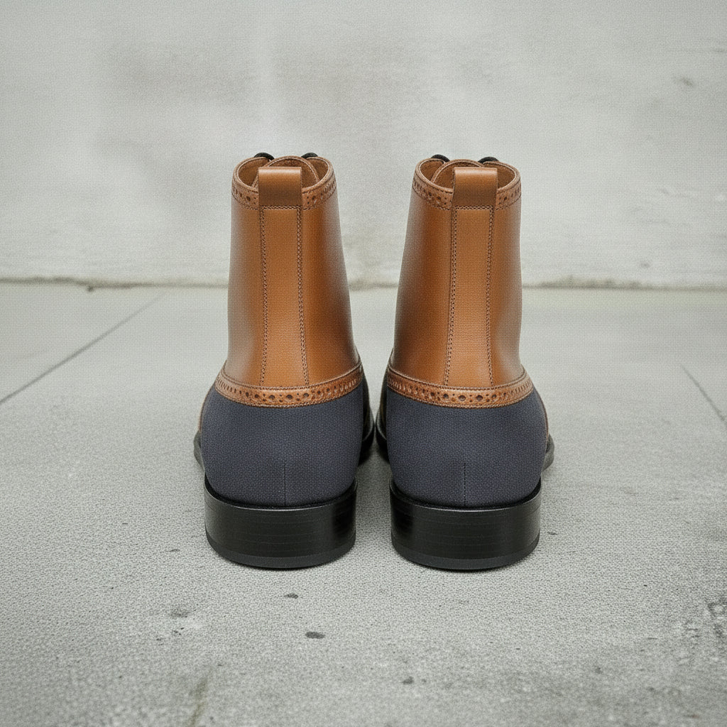 Men's Tan and Dark Blue Cap-Toe Leather Ankle Boots