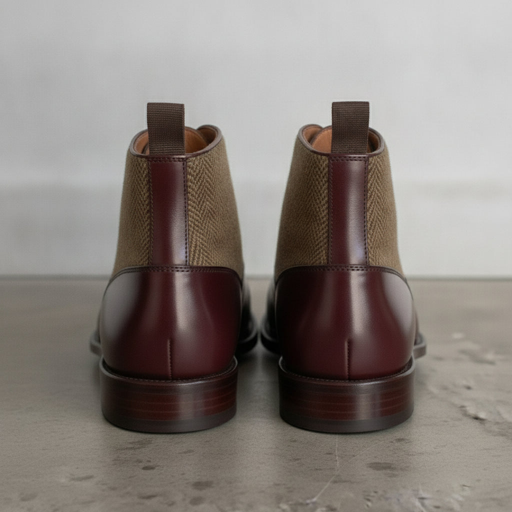Men's Burgundy and Tan Herringbone-Embossed Leather Plain-Toe Oxford Boots