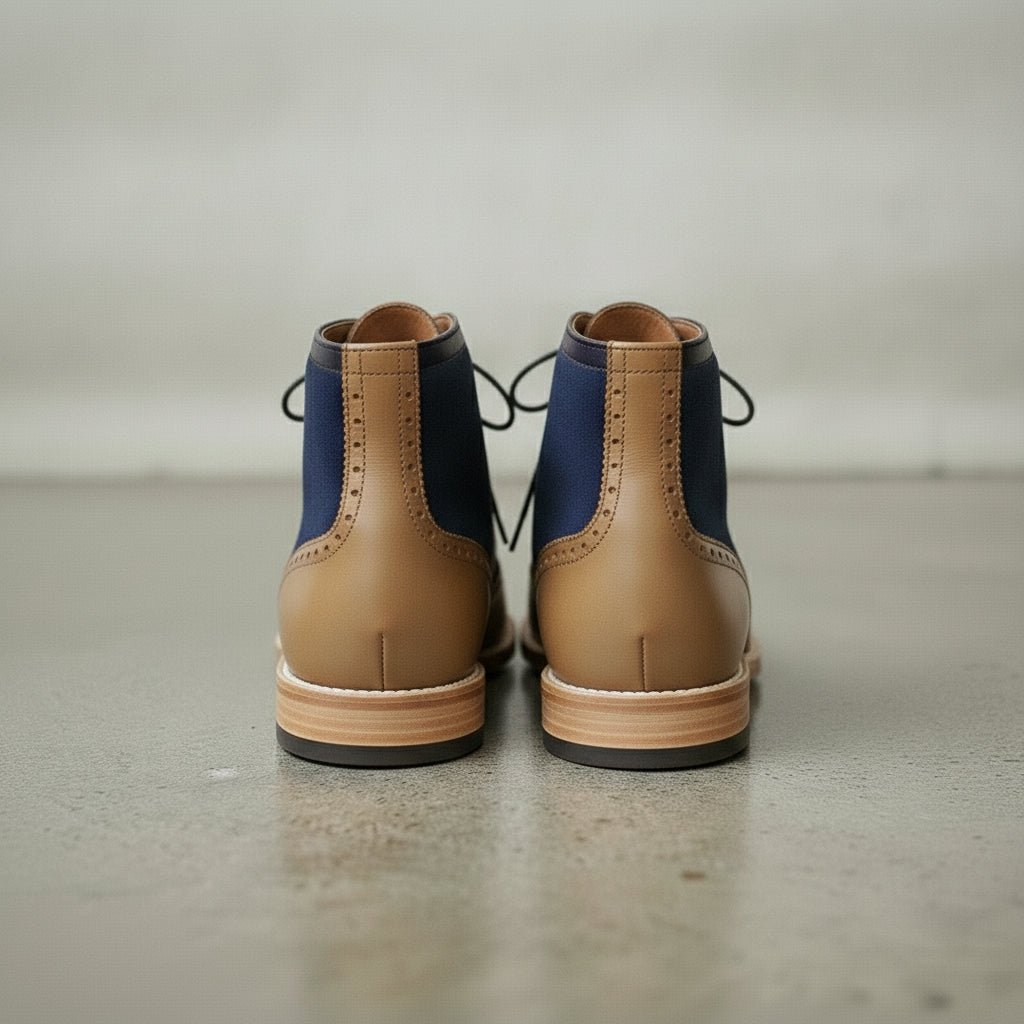 Men's Blue and Tan Wingtip Leather Derby Boots — Enbourne