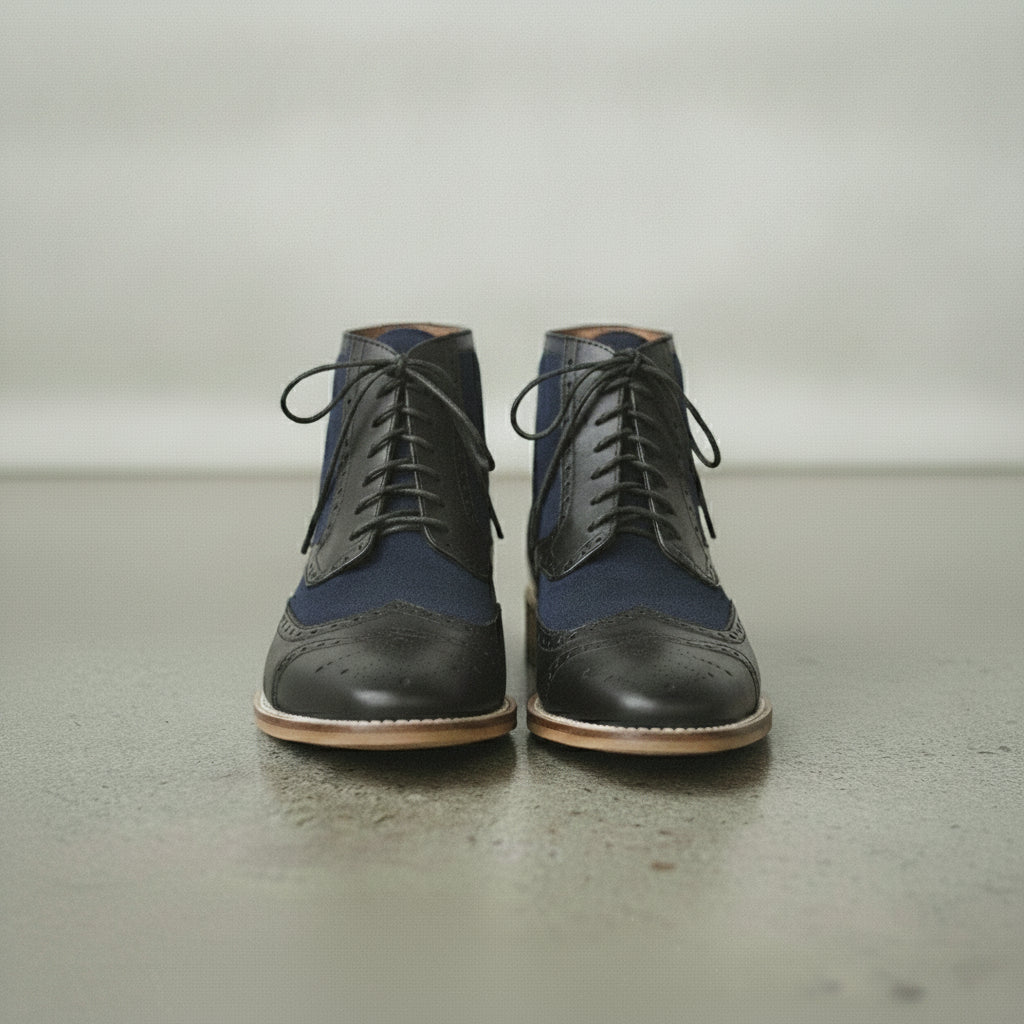Men's Blue and Black Wingtip Leather Derby Boots — Enbourne — Enbourne