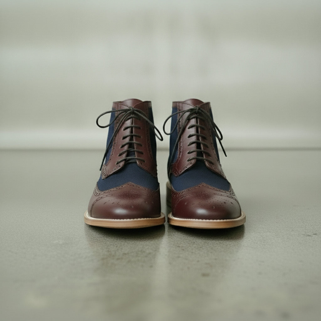 Men's Blue and Burgundy Wingtip Leather Derby Boots — Enbourne — Enbourne