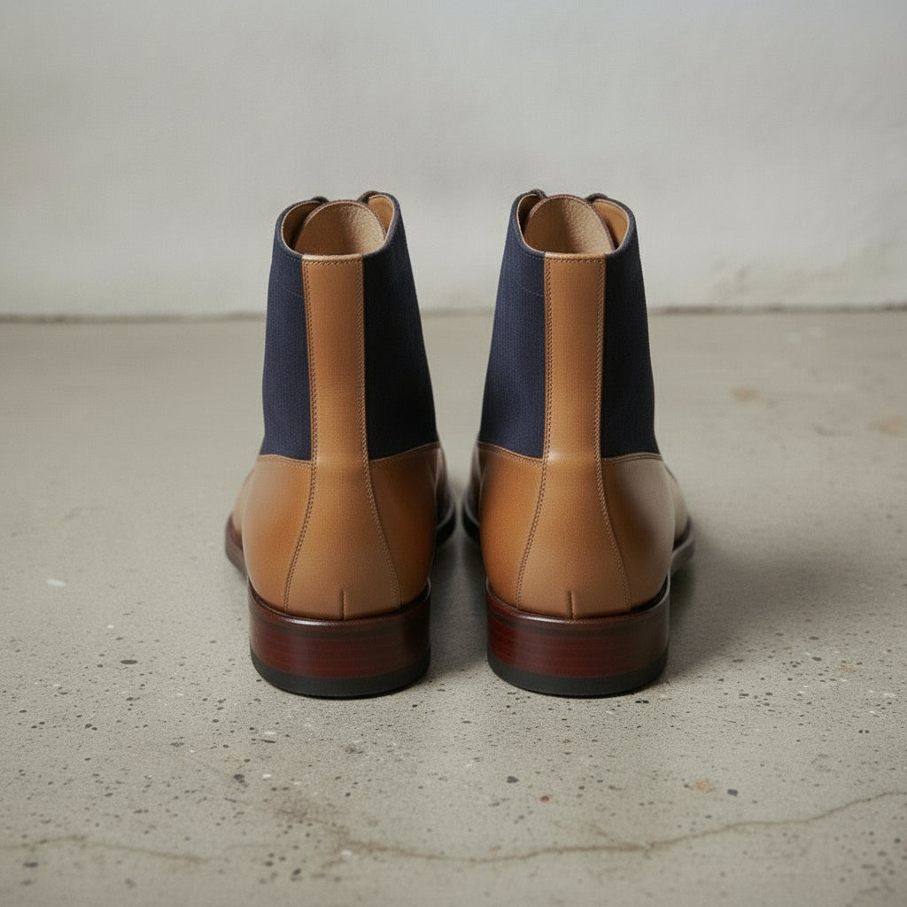 Men's Tan and Dark Blue Cap-Toe Leather Derby Boots — Smedley