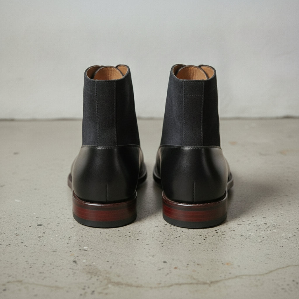Men's Black and Dark Blue Cap-Toe Leather Derby Boots — Smedley
