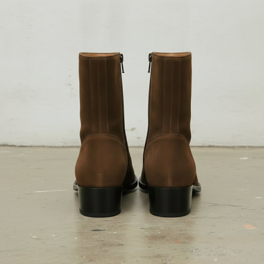 Men's Brown Plain-Toe Suede Zipper Boots