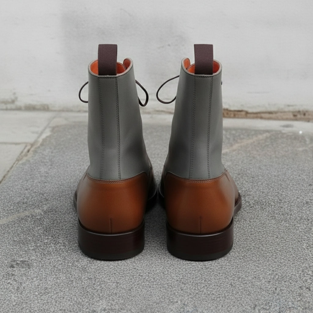 Men's Brown and Grey Plain-Toe Leather Ankle Boots — Challow
