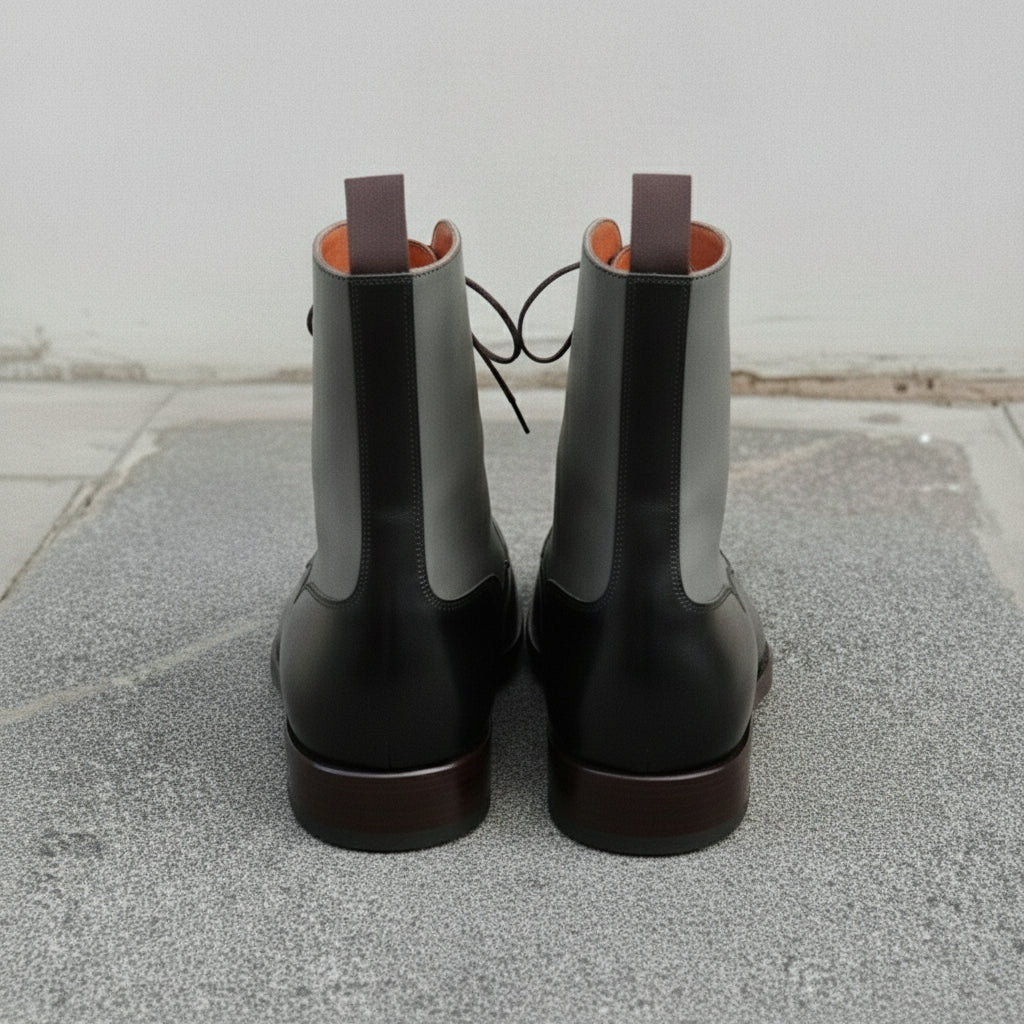 Men's Black and Grey Plain-Toe Leather Ankle Boots — Challow
