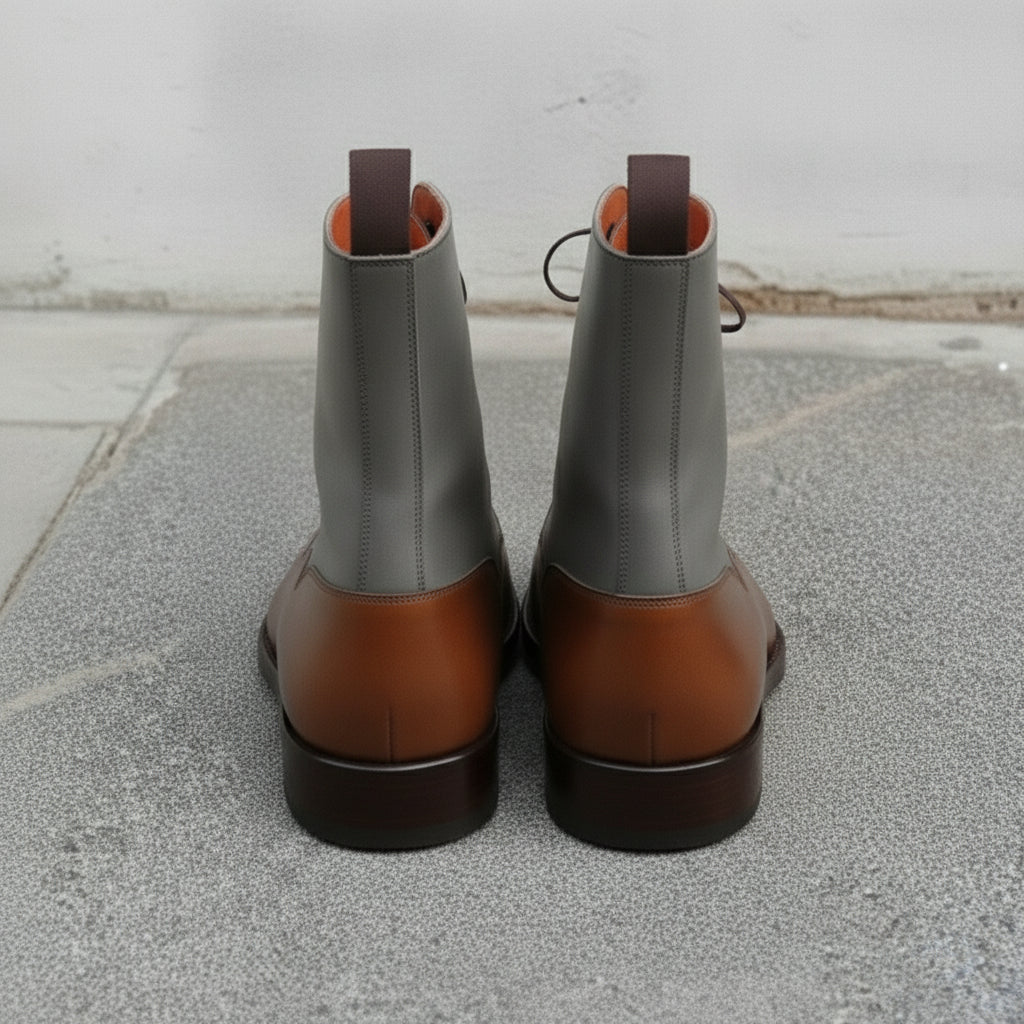 Men's Brown and Grey Plain-Toe Leather Ankle Boots — Challow