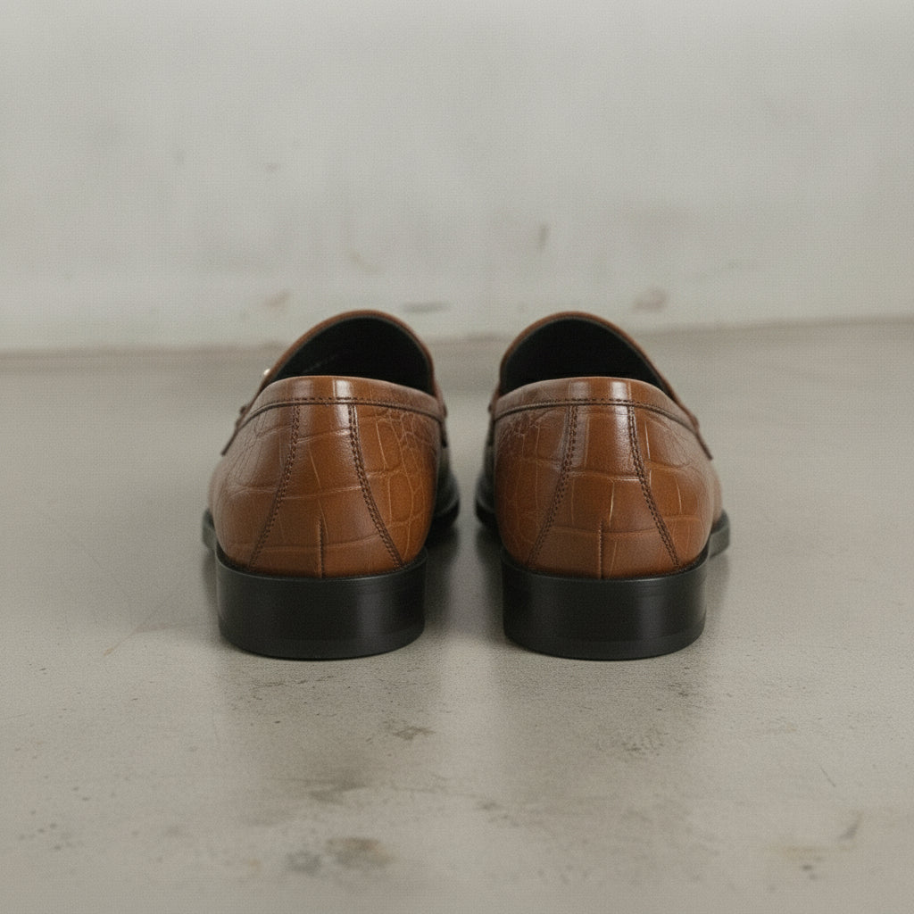Men's Brown Crocodile-Embossed Leather Bit Loafers — Easington
