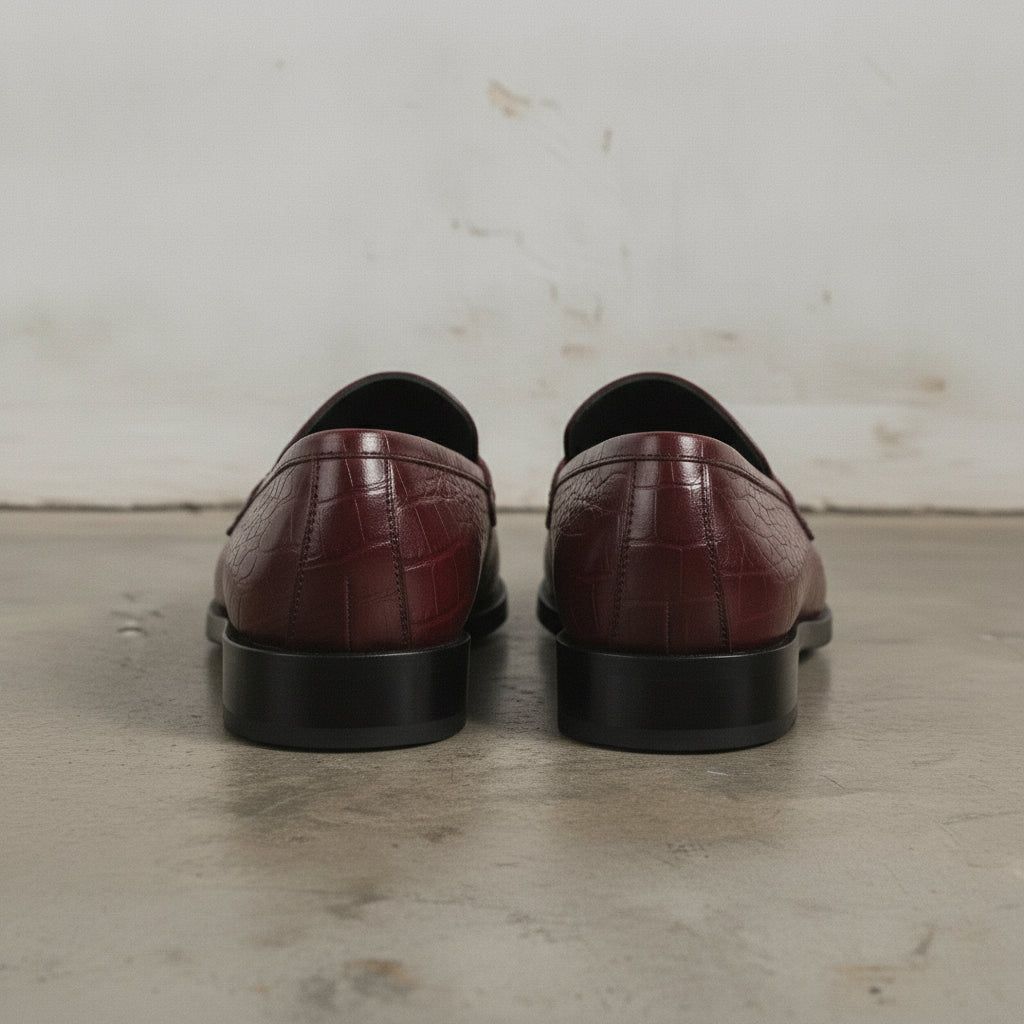 Men's Burgundy Crocodile-Embossed Leather Bit Loafers — Easington