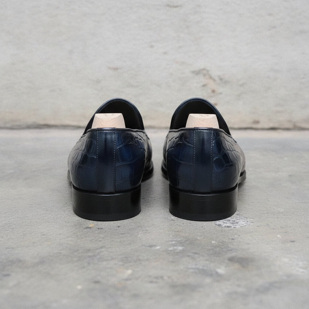 Men's Deep Burnished Navy Blue Alligator-Embossed Leather Venetian Loafers — Abbotsley