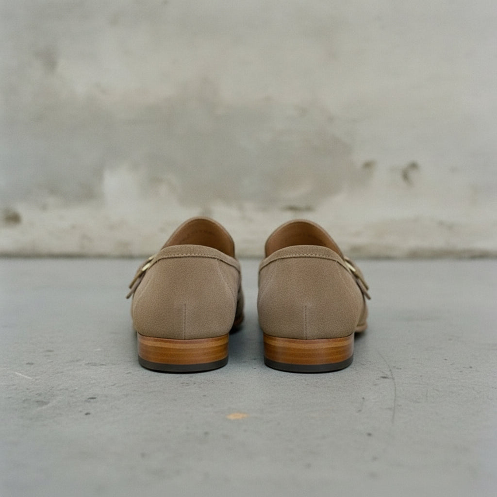 Men's Taupe Moc-Toe Suede Buckle Loafers