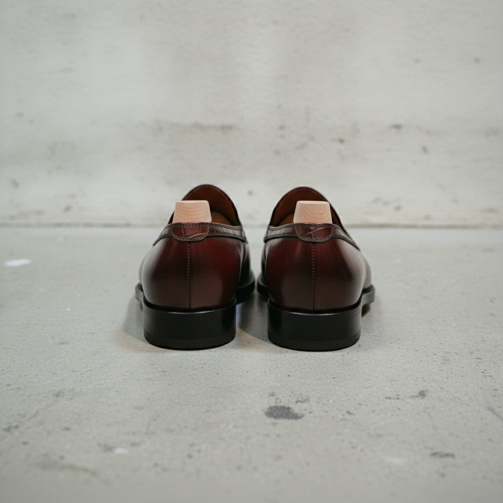 Men's Burgundy Moc-Toe Crocodile-Embossed Leather Penny Loafers — Abberforth