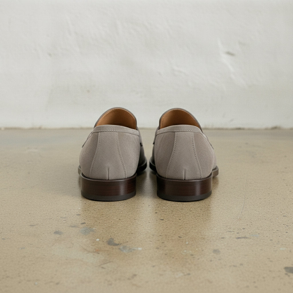 Men's Light Gray Apron-Toe Suede Penny Loafers — Marsden