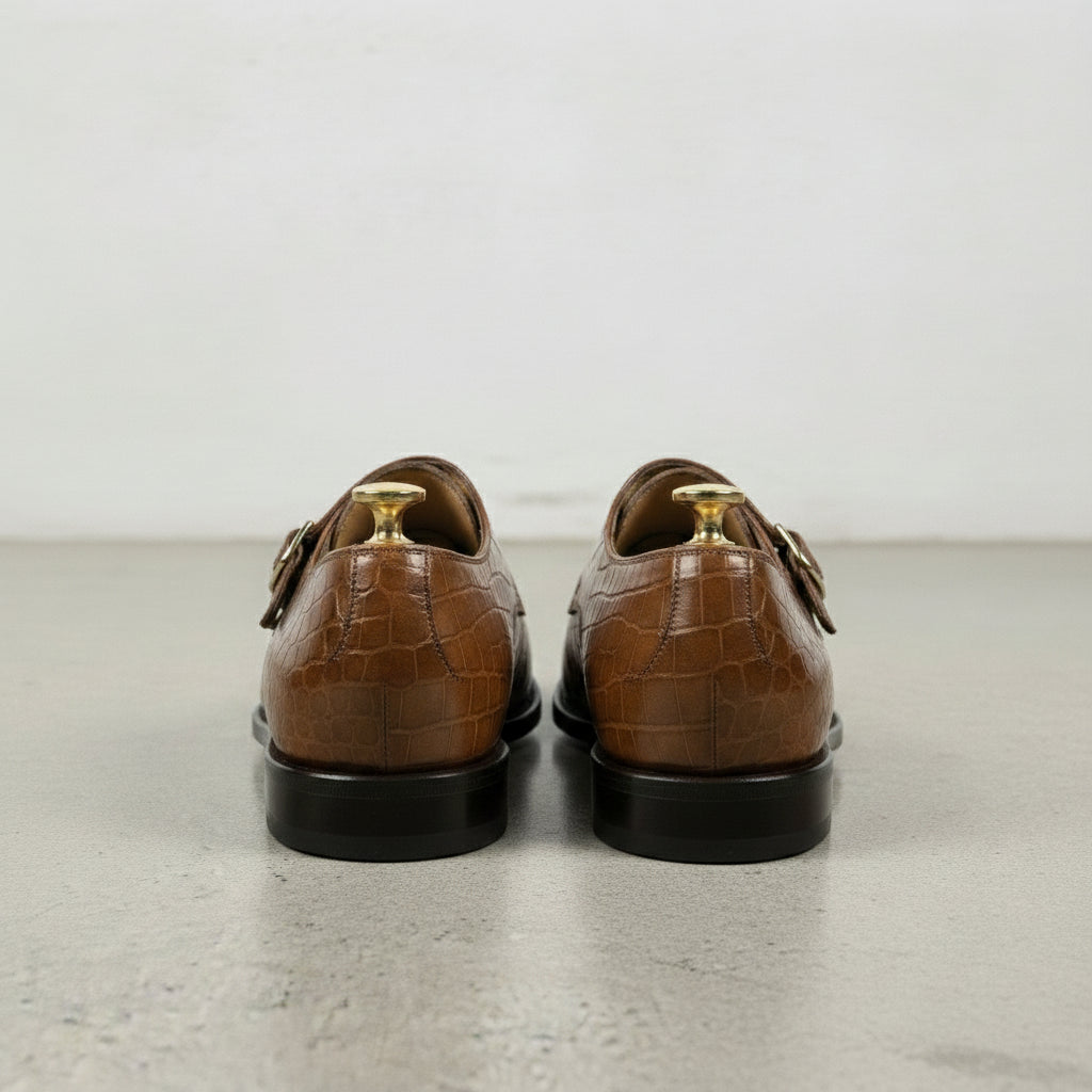 Men's Brown Crocodile-Embossed Leather Double Monk Strap Shoes — Sandys