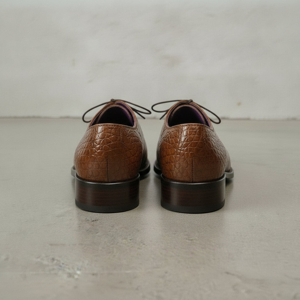 Men's Brown Crocodile-Embossed Leather Oxfords — Ascott