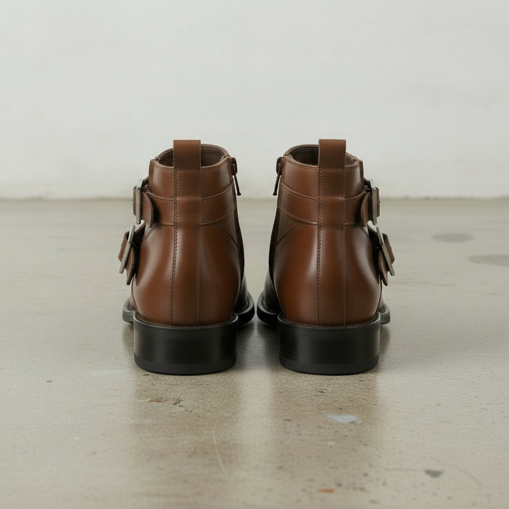 Men's Brown Plain-Toe Leather Biker Boots